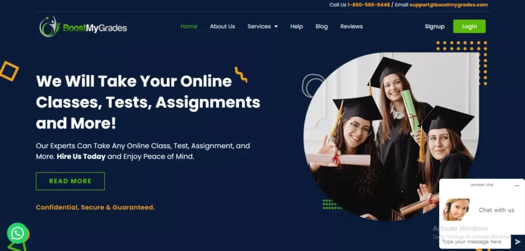 BoostMyGrades website homepage featuring three smiling graduates for The Best Take My Online Class in 2026
