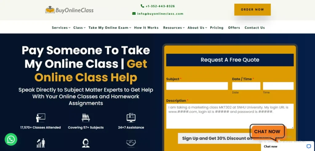 BuyOnlineClass website offering subject matter experts and a 99.5% success rate for The Best Take My Online Class in 2026