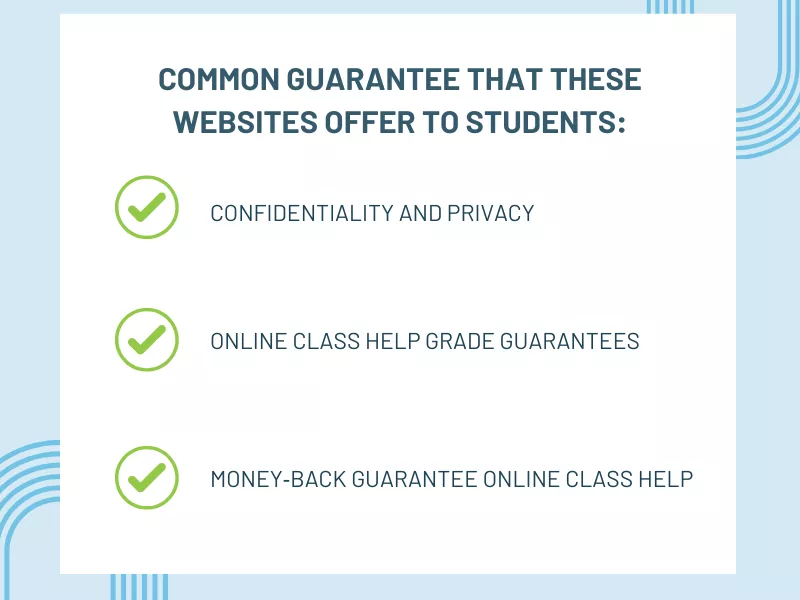 List of common student guarantees: confidentiality and privacy, grade guarantees, and money-back guarantees for class help